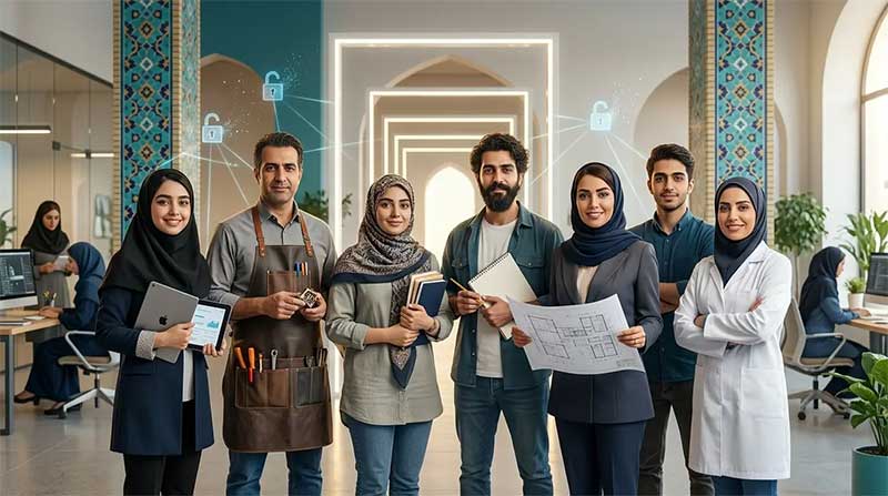 جمعی از افراد در اصناف مختلف درحال استفاده از آپشن های بانکداری هوشمندگرین بانک