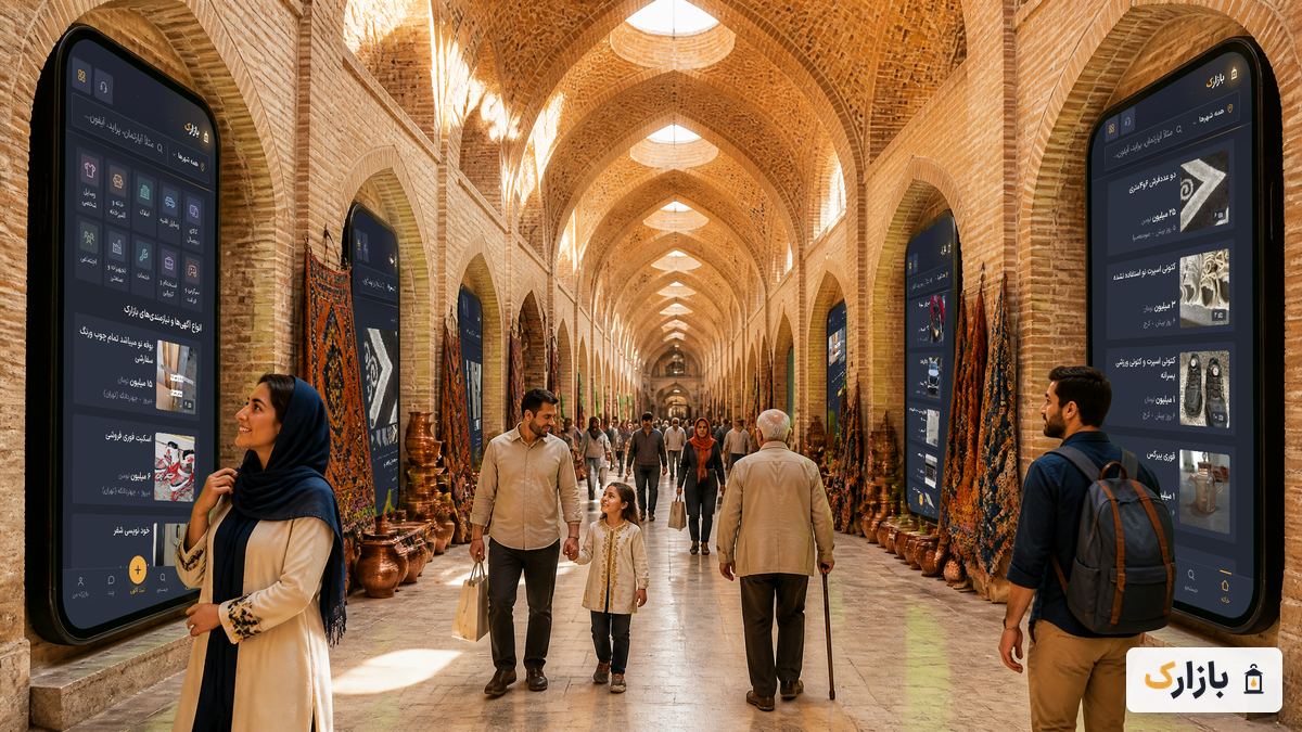 راستهٔ تاریخی بازار ایرانی که سردر حجرههایش آگهیهای امروزی بازارک را نشان میدهند